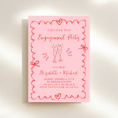 トレンディーピンクレッド波形婚約パーティ 招待状