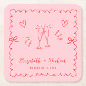 トレンディーピンクレッド波形結婚フレーム スクエアペーパーコースター (正面)