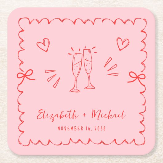 トレンディーピンクレッド波形結婚フレーム スクエアペーパーコースター (正面)