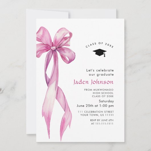 トレンディーピンクローズボウリボンPHOTO卒業パーティー 招待状 (正面)