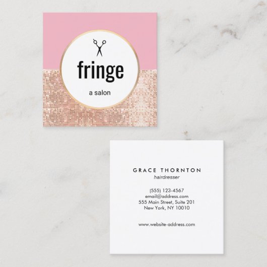 トレンディーピンクローズ金ゴールドシークイン美容師サロン スクエア名刺 (正面/裏面)