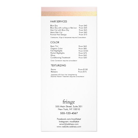 トレンディーピンク金ゴールドサロンスパ価格表サービスメニュー ラックカード (裏面)