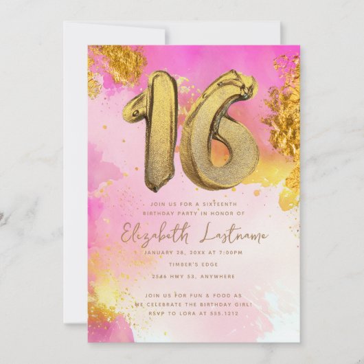 トレンディーピンク金ゴールドスウィート16誕生日 招待状 (正面)