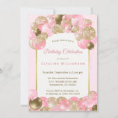 トレンディーピンク金ゴールドバルーン誕生日 招待状 (正面)