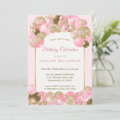 トレンディーピンク金ゴールドバルーン誕生日 招待状 (スタンド正面)