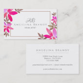 トレンディーピンク&グレー水彩フローラ名刺 名刺 (正面/裏面)