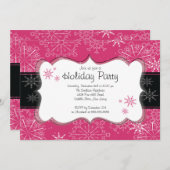トレンディーピンク&ブラックスノーフレークズホリデーパーティ 招待状 (正面/裏面)