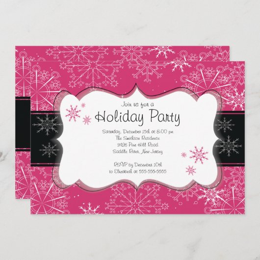トレンディーピンク&ブラックスノーフレークズホリデーパーティ 招待状 (正面/裏面)