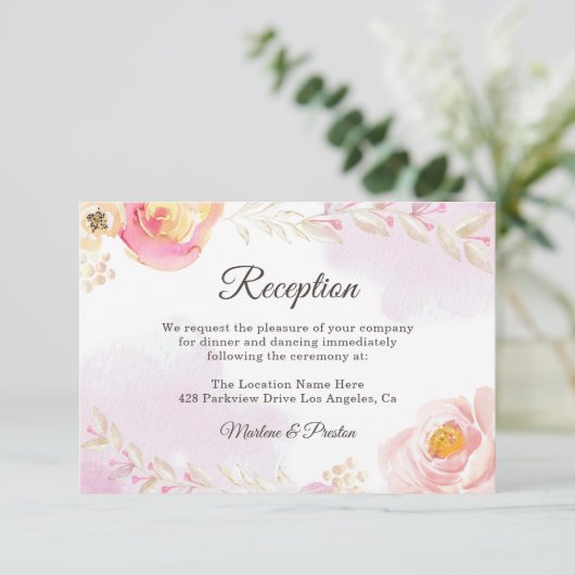 トレンディーピンク&金ゴールドフローラ庭園の結婚式披露宴 招待状 (スタンド正面)