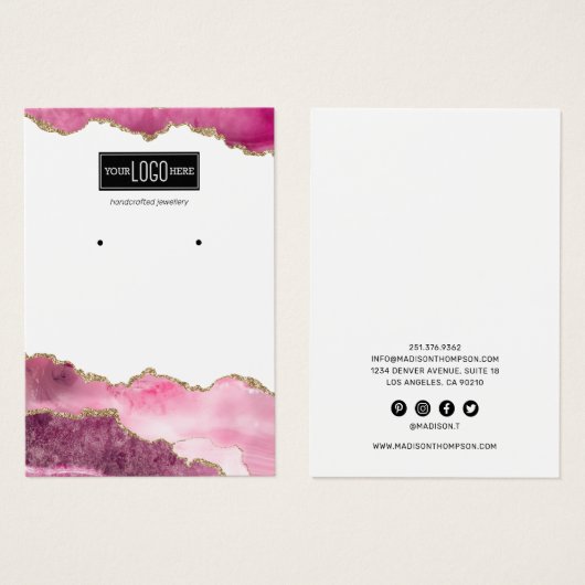 トレンディーピンク&金ゴールド瑪瑙イヤリングディスプレイ (正面&裏面)