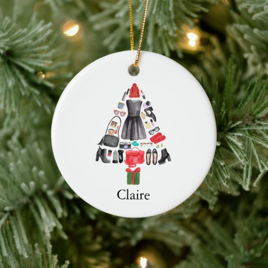 トレンディーファッショニスタメイクパーソナライズされたガールの名前 セラミックオーナメント (ツリー)