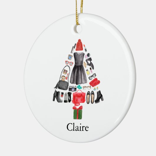 トレンディーファッショニスタメイクパーソナライズされたガールの名前 セラミックオーナメント (左)