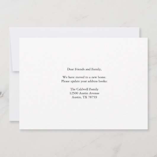 トレンディーファミリ名の前面の形状のカスタム移動 案内状 (裏面)