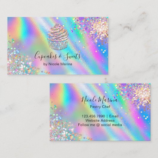 トレンディーフェイクホログラフィックレインボーグリッターカップケーキ 名刺 (正面/裏面)