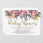 トレンディーフェイク金ゴールドグリッターフローラベビーシャワー 招待状 (正面/裏面)