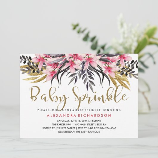 トレンディーフェイク金ゴールドグリッターフローラベビー散布 招待状 (スタンド正面)