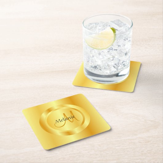トレンディーフェイク金ゴールドモダンモノグラムエレガントテンプレート スクエアペーパーコースター (インサイチュ)