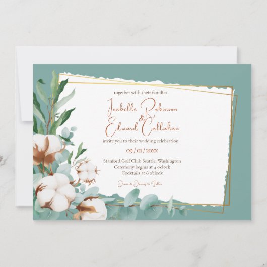 トレンディーフェイク銅箔コットンバッドティール（緑がかった色）結婚ズ 招待状 (正面)