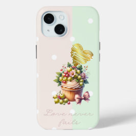 トレンディーフェイスドットグリーンベリーフローラルリボンハート iPhone 15ケース