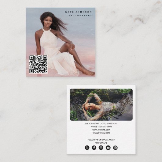 トレンディーフォトグラファーQRコードソーシャルメディアのアイコン スクエア名刺 (正面/裏面)