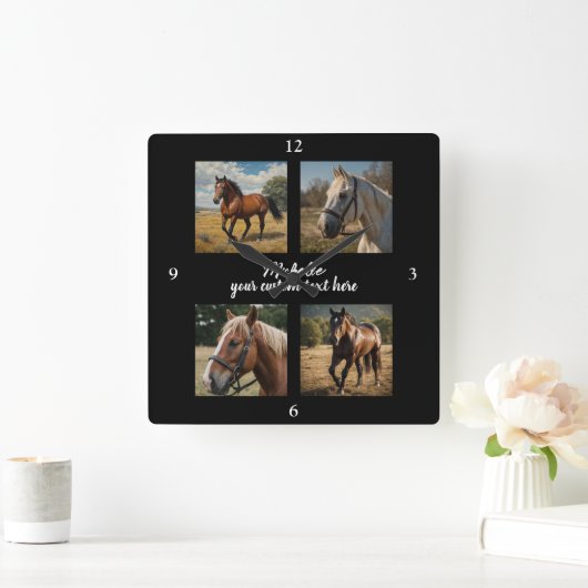 トレンディーフォトコラージュパーソナライズされた馬好き スクエア壁時計 (ホーム)