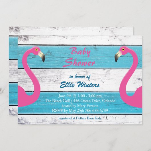 トレンディーフラミンゴストライプのベビーシャワー招待状 招待状 (正面/裏面)