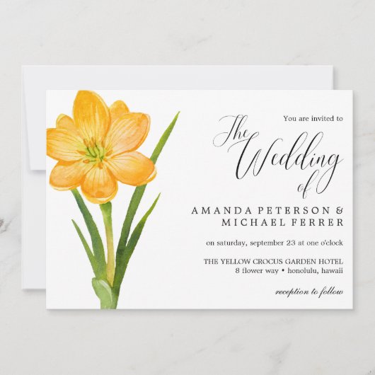 トレンディーフラワーイエロークロッカス結婚ラスティックズ 招待状 (正面)