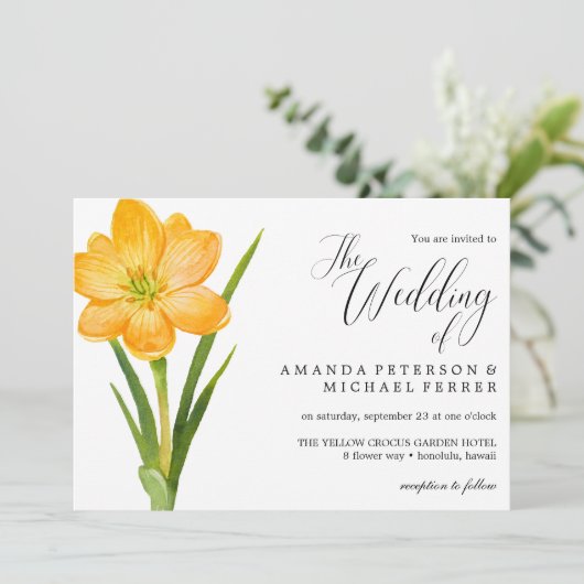 トレンディーフラワーイエロークロッカス結婚ラスティックズ 招待状 (スタンド正面)