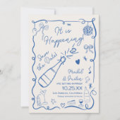 トレンディーフランスのレトロ図解入りの、写真付きのブルー結婚フォト セーブザデート (正面)