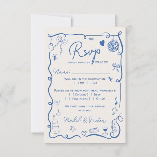 トレンディーフランスのレトロ図解入りの、写真付きのブ結婚ルーQR 出欠カード (正面)