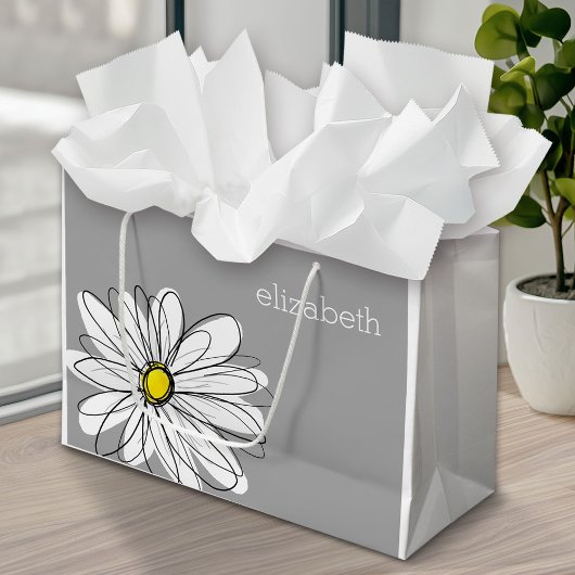 トレンディーフローラデイジーと灰色の黄色名前をカスタムする ラージペーパーバッグ