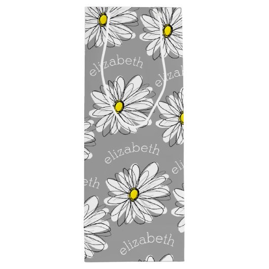 トレンディーフローラデイジーと灰色の黄色名前をカスタムする ワインギフトバッグ (裏面)