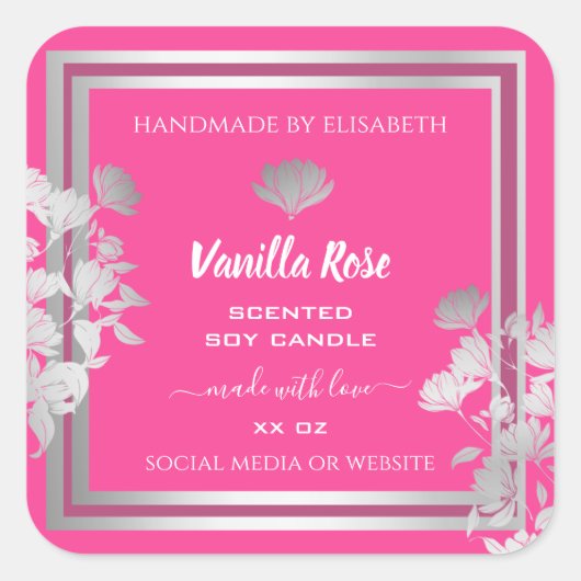 トレンディーフローラピンク製品包装ラベルシルバー スクエアシール (正面)