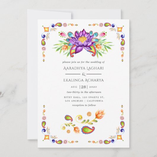 トレンディーフローラペイズリー結婚インディアン 招待状 (正面)