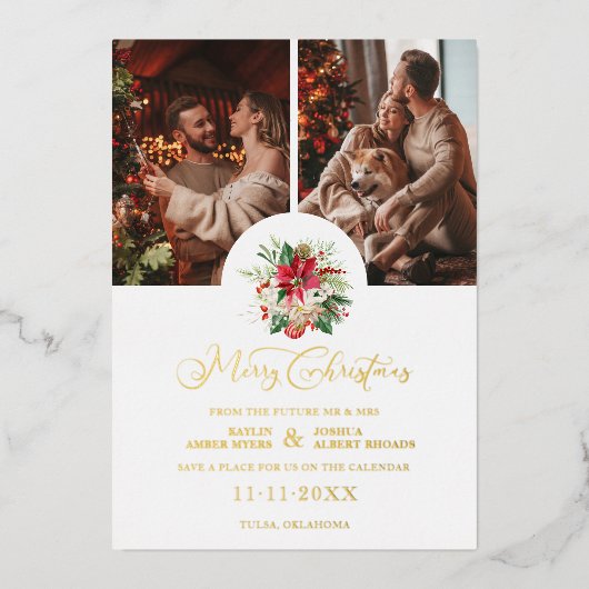 トレンディーフローラポインセティアスブーケクリスマス2フォト 箔シーズンカード (正面)