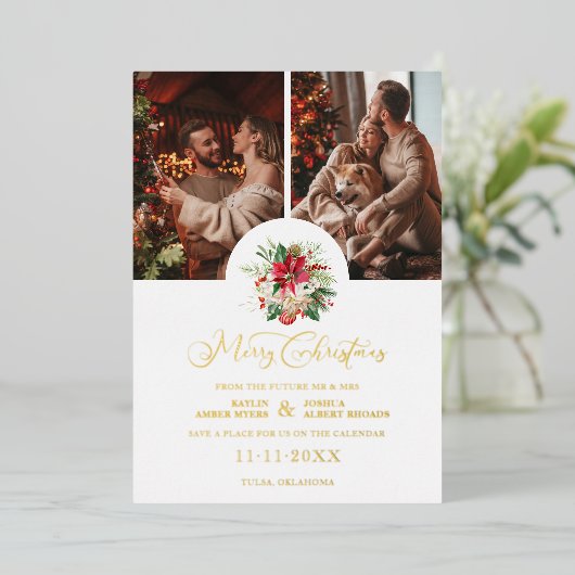 トレンディーフローラポインセティアスブーケクリスマス2フォト 箔シーズンカード (立ち正面)