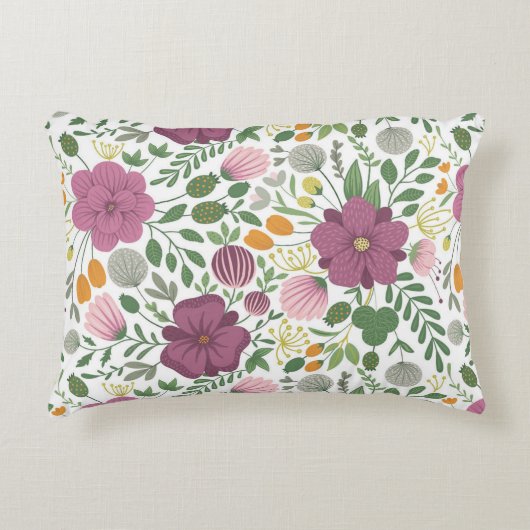 トレンディーフローラルパターンピンクイエローパープルグリーン アクセントクッション (正面)