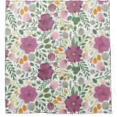 トレンディーフローラルパターンピンクイエローパープルグリーン シャワーカーテン (正面)