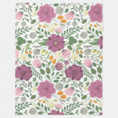 トレンディーフローラルパターンピンクイエローパープルグリーン フリースブランケット (正面)