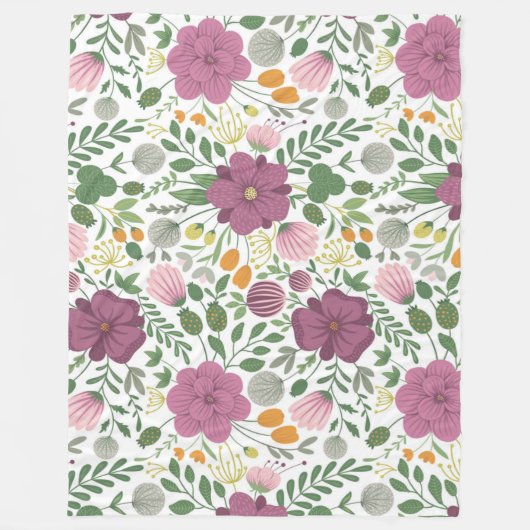 トレンディーフローラルパターンピンクイエローパープルグリーン フリースブランケット (正面)