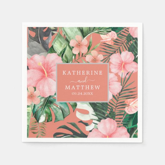 トレンディーフローラ水彩熱帯緑結婚園 スタンダードカクテルナプキン (正面)