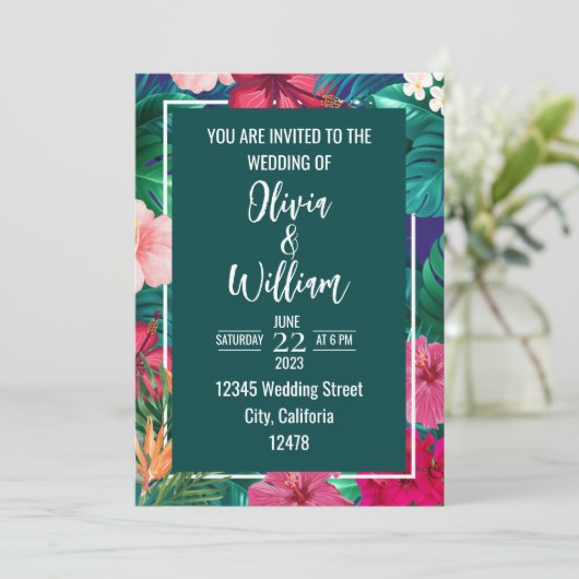 トレンディーフローラ水彩熱帯緑結婚園 招待状 (スタンド正面)