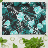 トレンディーフローラ |ブラックターコイズ&ホワイトローズ キッチンタオル (折り畳み)