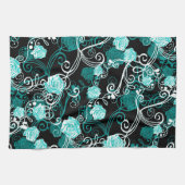 トレンディーフローラ |ブラックターコイズ&ホワイトローズ キッチンタオル (横)