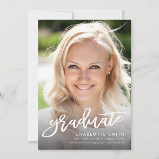 トレンディーブラシスクリプト写真の卒業発表 案内状 (正面)