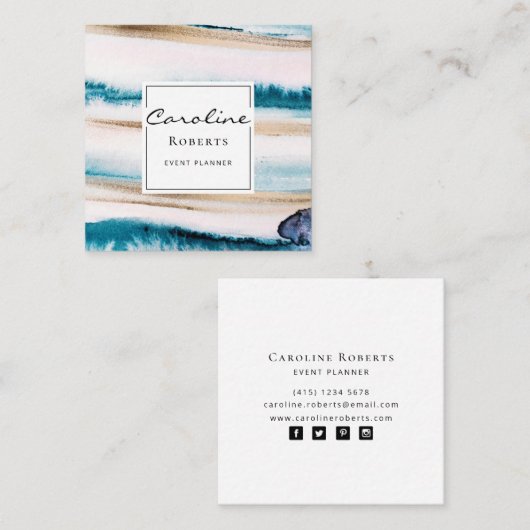 トレンディーブラシストローク水色青エレガント金ゴールド スクエア名刺 (正面/裏面)