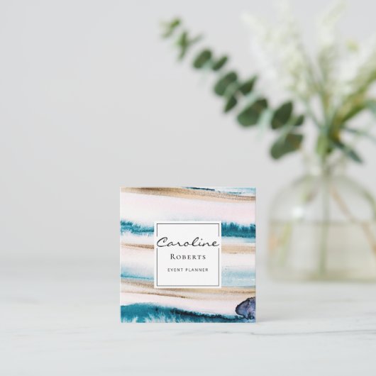 トレンディーブラシストローク水色青エレガント金ゴールド スクエア名刺 (スタンド正面)