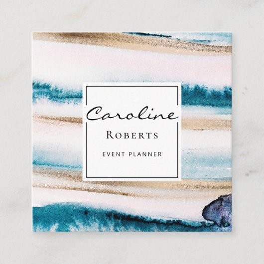 トレンディーブラシストローク水色青エレガント金ゴールド スクエア名刺 (正面)