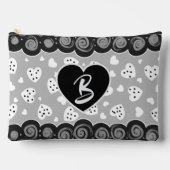 トレンディーブラックとシルバーのハートでドットと渦巻き アクセサリーポーチ (正面)