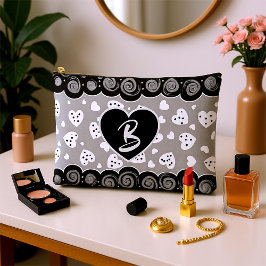 トレンディーブラックとシルバーのハートでドットと渦巻き アクセサリーポーチ